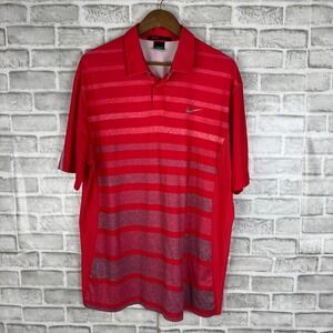 Nike Tiger Woods Collection Dri-FIT Golf Polo Vibrant Red Striped Mens LARGE